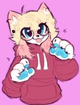 anthro aska_(anakoluth) blep blonde_hair blue_eyes blue_pawpads blush canid canine canis clothing domestic_dog ear_piercing eyewear female fur glasses gradient_hair hair half_body heart_eyes heart_symbol hi_res hoodie mammal nept0onz pawpads paws piercing red_clothing red_hoodie red_topwear round_glasses shiba_inu solo spitz tongue tongue_out topwear white_body white_fur