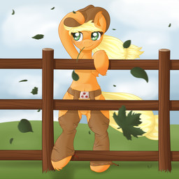 against_fence against_surface anthro anthrofied biped blonde_hair clothed clothing cloud cowboy_hat female fence fur green_eyes hair hat headgear headwear leaf orange_body orange_fur outside sky solo standing tail topless wind wood ratofdrawn friendship_is_magic hasbro my_little_pony applejack_(mlp) earth_pony equid equine horse mammal pony 1:1 digital_media_(artwork) hi_res