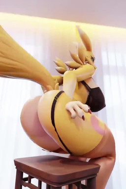 4_fingers anthro big_breasts big_butt blue_eyes bouncing_breasts bouncing_butt bra breasts butt butt_expansion chair clothing expansion female female_anthro fingers fur furniture huge_butt legwear looking_at_viewer looking_back looking_back_at_viewer neck_tuft on_chair red_finger_claws sitting sitting_on_chair solo tuft underwear white_body white_breasts white_fur yellow_body yellow_fur oleanderin bandai_namco digimon digi_(yourdigimongirl) digimon_(species) renamon 3d_(artwork) 3d_animation animated digital_media_(artwork) short_playtime video