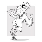 anthro anus butt clothed clothing female genitals panties panties_down partially_clothed pussy rear_view solo topless topless_anthro topless_female underwear underwear_down barkyeet lyra_(w4g4) avian bird potoo 1:1 2022 full-length_portrait greyscale hi_res monochrome portrait