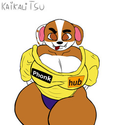 anthro big_breasts big_butt breasts brown_body brown_eyes brown_fur butt canine_teeth clothing female fur hands_on_hips humor looking_at_viewer multicolored_body naughty_face panties purple_clothing purple_panties purple_underwear shirt shitpost solo thick_thighs tongue tongue_out topwear two_tone_body underwear voluptuous_female yellow_clothing yellow_shirt yellow_topwear kaikalitsu paw_patrol rubble_(paw_patrol) bulldog canid canine canis domestic_dog english_bulldog mammal mastiff molosser 1:1 absurd_res hi_res meme