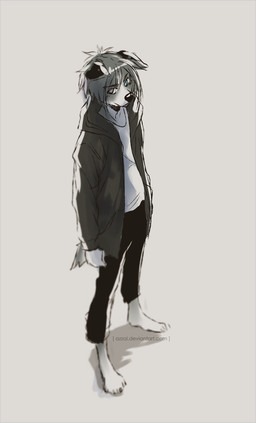 anthro black_bottomwear black_clothing black_nose black_pants blue_eyes bottomwear clothed clothing floppy_ears fur grey_eyes grey_hair hair heterochromia high-angle_view jacket looking_away male open_clothing open_jacket open_topwear pants shirt short_hair simple_background snout solo standing topwear white_body white_clothing white_fur white_shirt white_topwear azzai canid canine canis domestic_dog mammal 2016 colored colored_sketch digital_drawing_(artwork) digital_media_(artwork) shaded sketch