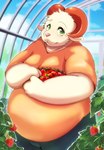 anthro belly big_belly bottomwear clothing detailed_background food fruit green_eyes greenhouse inside kemono male overweight overweight_male pants pink_nose plant shirt solo strawberry topwear vivarium yukio_ammy bovid caprine goat mammal 2022 hi_res