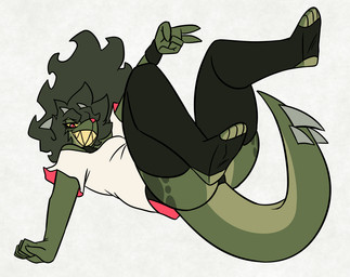 4_toes 5_fingers ambiguous_gender anthro black_clothing black_legwear black_stockings black_topwear black_undershirt clothing feet fingers gesture green_body green_hair green_spots green_tail hair hand_gesture horn legwear long_hair looking_at_viewer markings multicolored_body red_eyes sharp_teeth shirt simple_background solo spiked_tail spikes spikes_(anatomy) spots spotted_body stockings tail teeth toeless_legwear toeless_stockings toes topwear two_tone_body two_tone_tail v_sign white_background white_clothing white_shirt white_topwear wristwear yellow_sclera nerdyreindeer khyber_(nerdyreindeer) kobold reptile scalie 2026