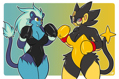 alternate_color anthro big_breasts boxing boxing_gloves breasts cleavage clothed clothing duo eyewear fangs female female/female glasses handwear huge_hips leotard small_waist sport teeth thick_thighs wide_hips vulpinecrew nintendo pokemon generation_4_pokemon generation_6_pokemon luxray pokemon_(species) pyroar shiny_pokemon absurd_res hi_res watermark