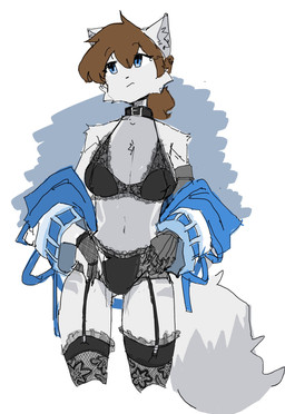 anthro blue_eyes bra brown_hair choker clothed clothing female fur garter_belt garter_straps grey_body grey_fur hair jacket jewelry legwear lingerie long_tail looking_up markings multicolored_body multicolored_fur necklace panties partially_clothed prosthetic prosthetic_arm prosthetic_limb simple_background solo stockings striped_markings stripes tail tied_hair topwear two_tone_body two_tone_fur underwear undressing unimpressed white_body white_fur sparxel spar_lamarca ambiguous_species canid canine canis mammal wolf colored_sketch hi_res portrait sketch three-quarter_portrait