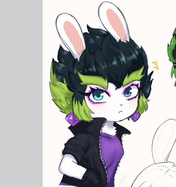 amethyst_(gem) anthro bent_arm black_clothing black_hair black_handwear black_jacket black_mittens black_topwear blue_eyes breasts closed_frown clothed clothed_anthro clothing duo ear_piercing eyebrows eyelashes eyeshadow female female_anthro frown frowning_at_viewer fur gem green_hair hair hand_in_pocket handwear jacket light long_ears looking_at_viewer makeup mitten_hands mittens mostly_offscreen_anthro mostly_offscreen_character mouth_closed multicolored_hair open_clothing open_jacket open_topwear pawpads piercing pockets purple_clothing purple_ear_piercing purple_eyeshadow purple_shirt purple_topwear shirt short_hair simple_background small_nose solo_focus speech_bubble spiky_hair tan_inner_ear tan_pawpads teeth text thick_eyebrows topwear two_tone_hair white_background white_body white_fur white_hair peypey_mei1925 mario_bros mario_plus_rabbids_sparks_of_hope nintendo raving_rabbids rayman_(series) ubisoft allegra_(mario_plus_rabbids) edge_(mario_plus_rabbids) lagomorph mammal rabbid 2025 colored crossover digital_drawing_(artwork) digital_media_(artwork) english_description lighting shaded
