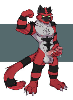 anthro balls biceps bodily_fluids erection feet fingers flexing flexing_bicep fur genital_fluids genitals hand_on_penis humanoid_genitalia humanoid_penis leaking_precum looking_at_viewer male masturbation muscular muscular_anthro muscular_male nipples nude pecs penile penile_masturbation penis precum precum_string red_body red_fur simple_background smile solo standing tail teeth toes thunderlewd nintendo pokemon felid generation_7_pokemon incineroar mammal pokemon_(species) absurd_res digital_media_(artwork) hi_res