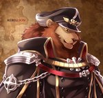 anthro black_nose brown_mane clothing hat headgear headwear male mane monotone_mane rebellion_(ragnarok_online) solo text uniform giraffe_(artist) ragnarok_online lion-san felid lion mammal pantherine 2017 english_text