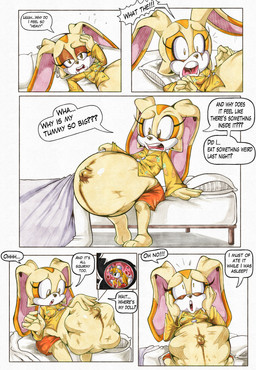 anthro bed belly big_belly clothing duo female fetal_movement furniture huge_belly hyper hyper_belly hyper_pregnancy pregnant pregnant_anthro pregnant_female shirt sitting speech_bubble text topwear yellow_clothing yellow_shirt yellow_topwear killboo sega sonic_the_hedgehog_(series) cream_the_rabbit tails_doll lagomorph leporid mammal rabbit 2026 absurd_res comic english_text hi_res