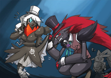 ambiguous_gender anthro being_watched blush bodily_fluids bottomwear broken_heart clothed clothing clothing_lift crouching duo_focus eyewear female flat_cap flower group hair hat headgear headwear holding_clothing holding_hat holding_headgear holding_headwear holding_object jewelry looking_at_another male master_ball monocle necklace plant pokeball pokeball_clothing pokemorph rose_(flower) saliva skirt skirt_lift terribly_british top_hat white_hair bittenhard nintendo pokemon canid canine darkrai generation_4_pokemon generation_5_pokemon humanoid lagomorph legendary_pokemon lopunny mammal pokemon_(species) zoroark