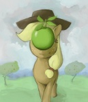 apple clothing detailed_background female feral food front_view fruit hat headgear headwear orchard plant smile solo surrealism walking luna-sedata rene_magritte friendship_is_magic hasbro my_little_pony son_of_man applejack_(mlp) earth_pony equid equine horse mammal pony inspired_by_formal_art