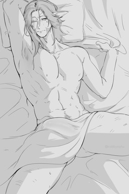 bedding bodily_fluids bulge detailed_bulge front_view genital_outline hair humanoid_pointy_ears long_hair lying male male_humanoid mouth_closed navel not_furry nude on_back one_eye_closed pecs penis_outline pointy_ears solo sweat cobu final_fantasy final_fantasy_xiv final_fantasy_xiv_(legacy) square_enix urianger_augurelt elezen humanoid hi_res monochrome sketch