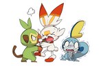 3_toes angry blue_body blue_skin blush bodily_fluids crying feet fight fur green_body group open_mouth paws simple_background stick tears toes trio tuft white_background white_body white_fur makotoo nintendo pokemon generation_8_pokemon grookey pokemon_(species) scorbunny sobble 2019