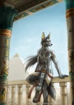 2013 4_toes amber_eyes ankh anthro anubian_jackal anubis architecture arm_support armband armlet avian balcony black_body black_fur black_hair black_nipples black_nose bottomwear canid canine canis claws clothed clothing column crown decorative_scarab deity deshret egyptian egyptian_clothing egyptian_headdress egyptian_mythology feet felid front_view fur hair headdress headgear headwear hieroglyphics imiak jackal jewelry leaning light loincloth long_hair looking_at_viewer male mammal middle_eastern_mythology mythological_creature mythological_sphinx mythology navel necklace nemes_(clothing) nipples palace paws ponytail pose pschent pyramid sand shendyt sky smile solo thoth toe_claws toes topless vobe