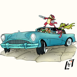 ambiguous_gender anthro car driving_car fight group melee_weapon on_car shield simple_background sword vehicle weapon linkyu buick kobold scalie 1:1 absurd_res hi_res signature