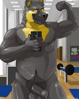 anthro balls black_body black_fur erection flexing flexing_bicep front_view fur genitals gym humanoid_genitalia humanoid_penis inside looking_at_viewer male male_anthro mirror mirror_selfie musclegut muscular muscular_anthro muscular_male nipples nude nude_anthro nude_male overweight overweight_anthro overweight_male penis pubes selfie smile solo yellow_body yellow_fur blaker nivardo_(fursona) bear mammal short-faced_bear spectacled_bear 2018 4:5