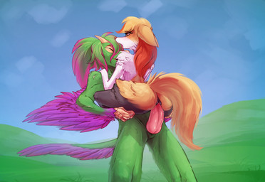 anthro bodily_fluids breasts duo eyes_closed feathered_arms feathers female fur genital_fluids genitals green_body holding_butt male male/female multicolored_body penetration penis sex standing standing_sex tongue tongue_out vaginal vaginal_penetration vulva conditional_dnp shido-tara nintendo pokemon avian braixen generation_6_pokemon pokemon_(species) hi_res
