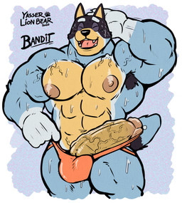 abs anthro biceps big_muscles big_pecs black_nose blue_body blue_fur bodily_fluids circumcised clothed clothing erection eyes_closed fangs fur genital_fluids genitals gloves_(marking) hand_behind_head humanoid_genitalia humanoid_penis jockstrap jockstrap_only leaking_precum male markings muscular muscular_anthro muscular_arms muscular_male nipples open_mouth orange_clothing orange_jockstrap orange_underwear pecs penis penis_poking_out pink_nipples precum smile solo sweat sweaty_body tail teeth text topless underwear underwear_only vein veiny_muscles veiny_penis yasser bluey_(series) bandit_heeler australian_cattle_dog canid canine canis cattledog domestic_dog herding_dog mammal pastoral_dog 2026 digital_drawing_(artwork) digital_media_(artwork) hi_res spanish_description