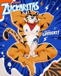 anthro armpit_hair balls black_eyebrows black_stripes blue_glans blue_nipples blue_nose body_hair erection eyebrows genitals glans humanoid_genitalia humanoid_penis male mascot nipples nude orange_body orange_tail penis solo stripes tail text vein veiny_penis yows_(artist) frosted_flakes kellogg's tony_the_tiger felid mammal pantherine tiger 4:5 absurd_res english_text hi_res