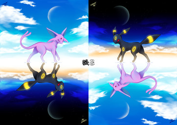 altered_reflection ambiguous_gender anniversary black_body black_fur blue_sky cloud cloudy_sky crescent_moon day duo fur glistening glowing glowing_markings long_ears long_tail markings moon night purple_body purple_eyes purple_fur red_eyes reflection sky star starry_sky tail text water water_reflection white_clouds yellow_markings goldhedgehog nintendo pokemon eeveelution espeon generation_2_pokemon pokemon_(species) umbreon 2016 artist_name digital_drawing_(artwork) digital_media_(artwork) hi_res shaded signature