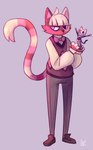 ambiguous_gender anthro blonde_hair bow_tie bowl_cut clothed clothing clubs_(suit) diamonds_(suit) fully_clothed fur hair heart_symbol heterochromia holding_object red_body red_fur solo suit_symbol sweater sweater_vest tail topwear vest geckozen floraverse beleth_(floraverse) red_beleth_(floraverse) domestic_cat felid feline felis mammal 2015 absurd_res hi_res signature