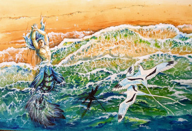 ambiguous_gender black_body black_eyes black_feathers black_scales blue_body blue_hair blue_scales feathered_wings feathers feral flying green_body green_scales group hair male nude scales sea sky split_form sunset water white_body white_feathers wings heather_bruton aquatic humanoid merfolk white-tailed_tropicbird 2021 hi_res