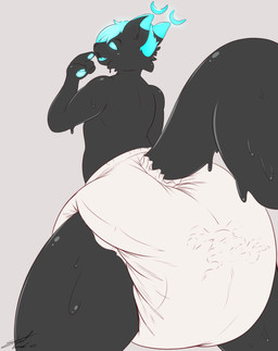 ambiguous_gender anthro clean_diaper diaper diaper_bulge duo entrapment glowing glowing_eyes macro micro micro_in_diaper open_mouth raised_tail rear_view smug_face struggling struggling_prey tail steelshark guilmon_(furromantic) canid canine goo_creature mammal absurd_res hi_res