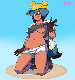 anthro areola bottomwear bottomwear_pull breasts clothed clothing clothing_lift clothing_pull female looking_at_viewer nipples one_breast_out pants pants_pull shirt shirt_lift solo topwear tsukiji brand_new_animal studio_trigger michiru_kagemori canid canine mammal raccoon_dog tanuki absurd_res hi_res