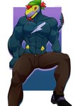 accessory anthro big_muscles bottomwear clothing fangs footwear forked_tongue hair headband male muscular pants shirtless_male shoes solo teeth tongue vitzeal nintendo pokemon generation_3_pokemon pokemon_(species) seviper hi_res