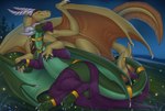 4_toes ambiguous_gender claws clothed clothed_ambiguous clothed_feral clothing countershade_torso countershading duo eyewear feet feral goggles green_body green_eyes green_scales green_tail green_wings harem_outfit horn lying night on_ground on_side outside pawpads paws scales sky smile tail toe_claws toes wings yellow_body yellow_skin yellow_tail yellow_wings padjetxharrington mythology dragon mythological_creature mythological_scalie scalie 2025 digital_media_(artwork) hi_res female_(lore)