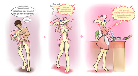 anthro blue_eyes breasts brown_eyes brown_hair clothing dress featureless_breasts female gender_transformation hair hat headgear headwear heart_symbol hospital latex latex_clothing latex_skinsuit latex_transformation male mtf_transformation nude nude_anthro nude_female nude_male nurse_clothing nurse_headwear pink_body pink_clothing plant plant_pot pokeball pokemon_center potted_plant skinsuit solo suit suit_transformation tail text three_frame_sequence tight_clothing transformation transformation_sequence translucent_text white_ribbon yellow_body materialcoin nintendo pokemon audino generation_5_pokemon human mammal pokemon_(species) english_text hi_res