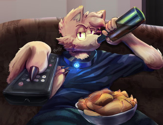 5_fingers alcohol anthro beer beer_bottle beverage bottle collar container controller drinking eyebrows fingers food foreshortening furniture looking_at_viewer male on_sofa remote_control sitting sitting_on_sofa sofa solo powerrabbi sipping_beer_on_a_couch_stock_image hanz_(powerrabbi) canid canine canis mammal wolf hi_res meme