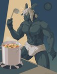 5_fingers anthro black_body black_fur briefs bulge clock clothed clothing cooking fingers food fur green_eyes grey_body hair horn kitchen_utensils ladle male muscular muscular_anthro muscular_male pan plant solo tighty_whities tools underwear underwear_only vegetable white_briefs white_clothing white_hair white_underwear pixiv_id_20840955 lifewonders tokyo_afterschool_summoners tanngrisnir_(tas) bovid caprine goat mammal hi_res