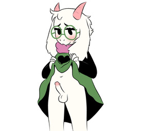 anthro balls black_clothing black_eyes blush blush_lines bottomless clothed clothing clothing_lift erection eyelashes eyewear femboy fluffy fur genitals glasses green_clothing green_eyewear green_glasses horn humanoid_genitalia humanoid_penis male male/male navel penis pink_horn pink_scarf presenting presenting_balls presenting_penis robe robe_lift round_glasses scarf simple_background smile solo standing white_background white_body white_fur maseru deltarune undertale_(series) ralsei bovid caprine goat mammal 2026 absurd_res digital_drawing_(artwork) digital_media_(artwork) hi_res