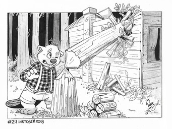 anthro bared_teeth bottomwear checkered checkered_clothing checkered_topwear clothed clothing destruction forest front_view glistening glistening_eyes logo male male_anthro one_eye_closed outside pattern_clothing pattern_topwear plant shorts solo standing tail teeth topwear tree pandapaco beaver mammal rodent 2018 artist_logo dated monochrome signature