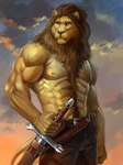 2024 5_fingers abs anthro barbarian belt body_hair bottomwear brown_mane brown_nose clothed clothing felid fingers fur happy_trail hi_res humanoid_hands lion male mammal mane melee_weapon muscular muscular_anthro muscular_male nightarm nipples pantherine pants pecs scabbard solo sword tan_body tan_fur topless topless_anthro topless_male weapon