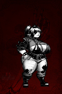 alternative_fashion belt big_breasts big_butt black_hair boots bottomwear bracelet breasts butt clothing collar cross cross_necklace denim denim_bottomwear denim_clothing eye_patch eyewear female fishnet_clothing fishnet_topwear footwear goth hair hand_on_hip huge_breasts jacket jeans jewelry light_body light_skin necklace pants platform_footwear pointy_ears shoes shortstack shortstack_female smile solo spiked_bracelet spikes standing thick_thighs topwear twintails_(hairstyle) wristband zerospanda final_fantasy final_fantasy_xiv square_enix athenia_adominian humanoid lalafell 2:3 absurd_res hi_res