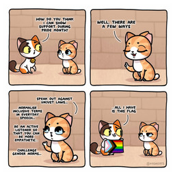dialogue duo female feral flag flag_(object) holding_flag holding_object lgbt_pride male open_mouth pride_color_flag pride_colors progress_pride_colors smile tail text young young_female young_feral kashicats lgbt_pride_month cali_(kashicats) mido_(kashicats) domestic_cat felid feline felis mammal 1:1 comic digital_media_(artwork) english_text