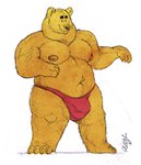 anthro areola belly big_belly black_nose bulge claws clothed clothing eyebrows fur looking_down male navel neck_tuft overweight overweight_anthro overweight_male pecs short_ears simple_background small_eyes smile solo standing thick_eyebrows thick_thighs thong topless tuft underwear underwear_only white_background yellow_body yellow_fur sosososleazy bear mammal 2020 absurd_res hi_res signature sketch