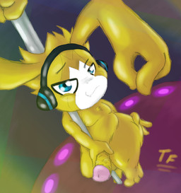 big_ears blue_eyes dancing electronics genitals hand_on_butt hand_on_penis headphones humanoid_genitalia humanoid_penis looking_at_viewer male penis pole pole_dancing slightly_chubby smile solo teeth fennephilim_fox bandai_namco digimon appmon_(species) digimon_(species) musimon hi_res