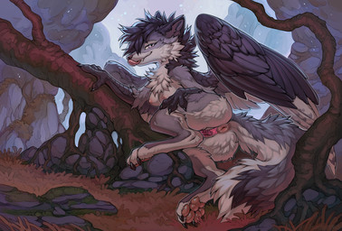 4_fingers 4_toes anal_only anthro anus anus_only areola blep breasts butt detailed_background feathered_wings feathers feet female fingers fluffy fur looking_at_viewer maebari multicolored_body outside pawpads plant presenting presenting_anus presenting_hindquarters pupils pussy_tape rock smile solo tail tape text toes tongue tongue_out tree wings hioshiru hioshiru_(character) avian canid canine enfield hybrid mammal english_text