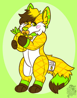 bell bell_collar belly blonde_hair blush brown_hair collar food fruit green_background green_ears green_eyes hair holding_food holding_object label long_tail male object_in_mouth pacifier pacifier_in_mouth pineapple pineapple_pattern plant plushie simple_background solo standing star_eyes tail white_belly thepyrokitty revan_(baby_revan) canid canine domestic_cat felid feline felis fox hybrid mammal