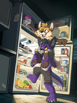 anthro appliance black_claws black_hair black_tongue bottomwear cheek_tuft claws clothed clothing duo eyewear facial_tuft fridge front_view fur glasses green_bottomwear green_clothing green_eyes green_shorts grey_bottomwear grey_clothing grey_shorts hair happy inside kitchen_appliance male male_anthro midnight_snack mouth_closed night open_mouth open_smile purple_body purple_fur round_glasses short_hair shorts smile standing tongue tongue_out topless tuft white_body white_fur yellow_body yellow_fur young young_anthro young_male pandapaco canid canine mammal hi_res