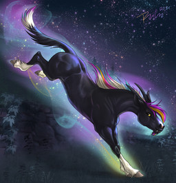 ambiguous_feral ambiguous_gender black_body black_fur black_horn black_tail blonde_mane blue_mane fangs feral fur grass horn leg_markings mane markings mouth_closed night outside plant purple_mane purple_tail side_view socks_(marking) solo tail teeth white_mane white_tail yellow_eyes rufciu splash_(rufciu) equid equine mammal absurd_res hi_res