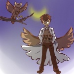 1:1 abstract_background alternate_species avian beak bird brown_hair clothed clothing cosplay duo eyewear feathered_wings feathers feral fully_clothed generation_2_pokemon glasses gradient_background hair hitec human humanized male mammal moon nintendo noctowl pokemon pokemon_(species) short_hair simple_background standing tail tail_feathers wings