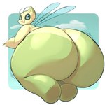 ambiguous_gender anthro big_butt blue_eyes butt flying green_body huge_butt hyper hyper_butt multicolored_body open_mouth open_smile short_stack simple_background sky smile solo steam_clouds thick_thighs two_tone_body wings lightmizano nintendo pokemon celebi generation_2_pokemon legendary_pokemon pokemon_(species) 1:1 hi_res