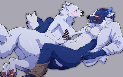 4_toes 5_fingers animal_genitalia animal_penis anthro average_penis big_breasts biped black_nose blue_body blue_fur blush blush_lines bodily_fluids bottomwear bottomwear_down breasts brown_bottomwear brown_clothing brown_pants canine_genitalia canine_penis cheek_tuft chest_grab christian_cross christian_symbol claws clothed clothed_male clothing cross cross_(marking) cross_piercing digitigrade dipstick_ears duo ear_markings ear_piercing ear_ring embarrassed eye_contact facial_tuft fangs feet female finger_claws fingers fur genital_fluids genitals grey_background hindpaw holding_penis jacket kemono leaking_precum long_tail looking_at_another lying male male/female multicolored_ears neck_tuft nude nude_female open_clothing open_jacket open_mouth open_topwear pants pants_down partially_clothed pawpads paws penis penis_grab piercing precum red_blush red_pawpads red_penis religion religious_symbol ring_piercing sheath simple_background surgical_suture sweat sweatdrop tail tail_tuft teeth toes tongue tongue_out topwear tuft white_body white_clothing white_fur white_jacket white_topwear scary96dns christianity luzenith_lawchi canid canine dire_wolf mammal prehistoric_species 2025 censored digital_drawing_(artwork) digital_media_(artwork) hi_res japanese_description signature