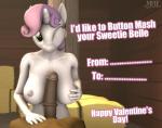 aged_up anthro big_breasts big_penis breast_play breasts brown_penis duo female genitals holiday_message holidays looking_at_viewer male nipples penis sex text titfuck moorsheadfalling friendship_is_magic hasbro my_little_pony valentine's_day button_mash_(mlp) sweetie_belle_(mlp) equid equine horse mammal pony 3d_(artwork) digital_media_(artwork) english_text hi_res source_filmmaker_(artwork)