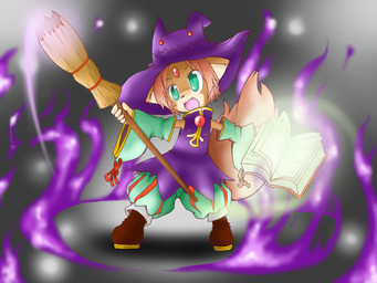 :3 anthro clothed clothing female forehead_gem gem hair hat headgear headwear kemono pink_hair pink_tail solo tail witch_hat young k-daburujii shinrabanshou haruto_feruto